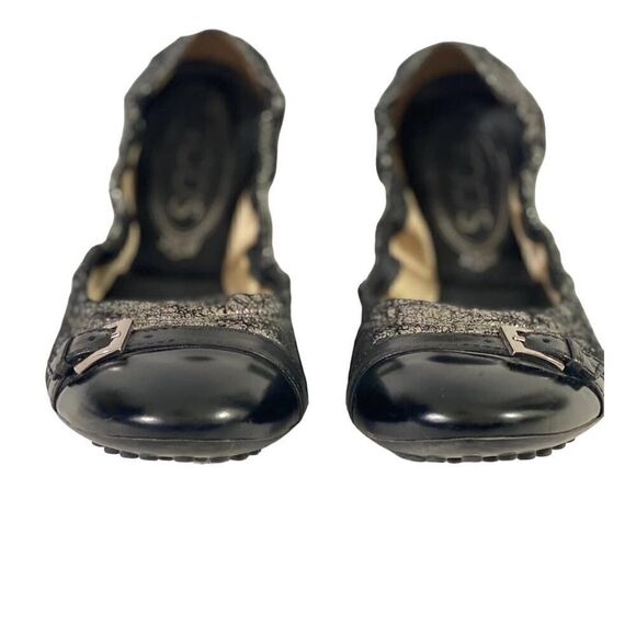Tods Dee Flats 37.5 Black Leather Round Toe Buckle Ballet Style Silver Metallic - Picture 2 of 12
